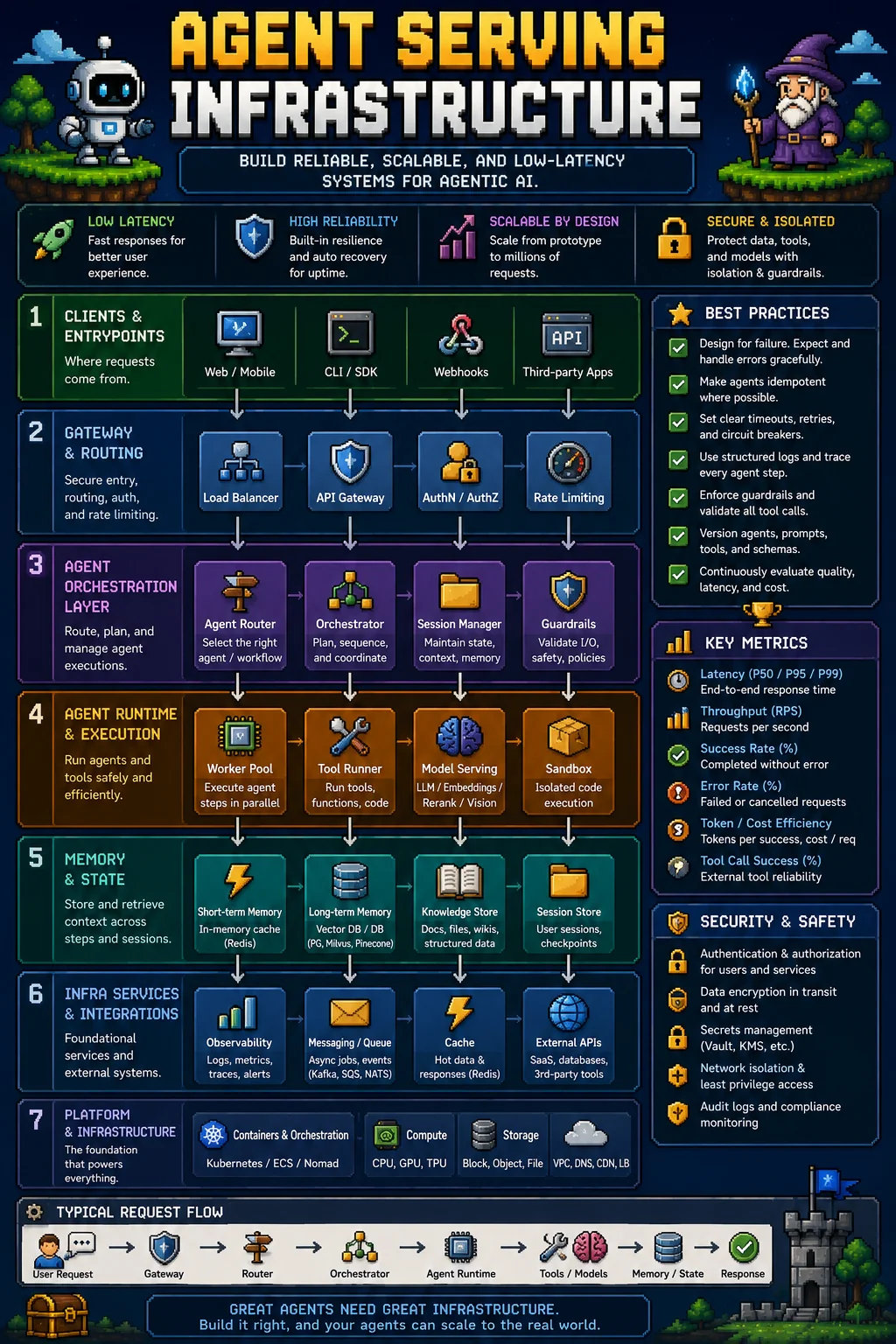 Agent serving infrastructure in 2026 — infographic covering the seven-layer agent stack: clients and entrypoints (web, CLI, webhooks, third-party apps), gateway and routing (load balancer, API gateway, auth, rate limiting), agent orchestration (router, orchestrator, session manager, guardrails), agent runtime and execution (worker pool, tool runner, model serving, sandbox), memory and state (short-term cache, long-term vector store, knowledge store, session store), infra services (observability, queues, cache, external APIs), and platform (Kubernetes, compute, storage, network), plus key metrics, security and safety practices, and a typical request flow.