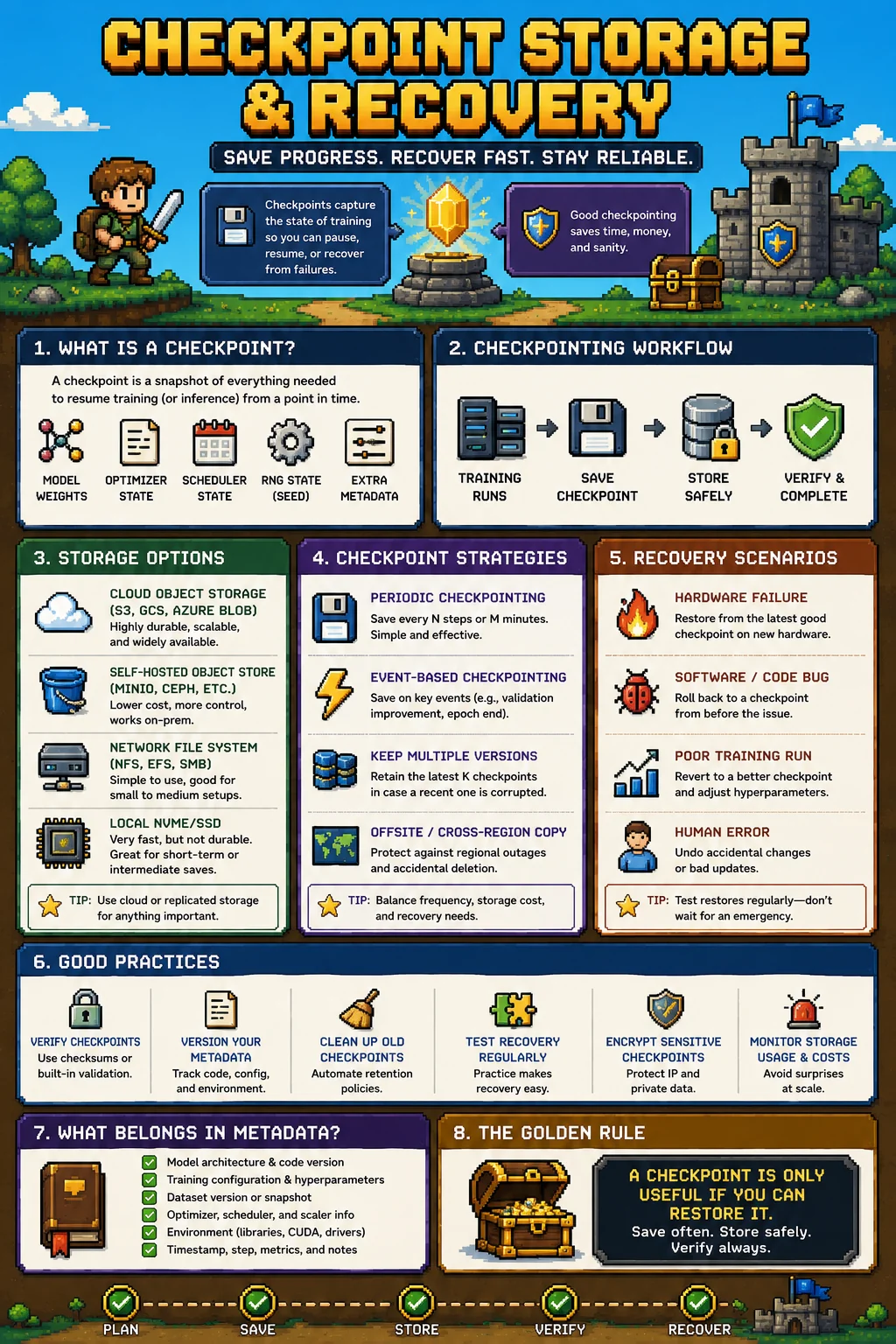 Checkpoint storage and recovery in 2026 — infographic covering what a checkpoint is (model weights, optimizer state, scheduler state, RNG seed, extra metadata), the checkpointing workflow (training runs → save checkpoint → store safely → verify and complete), storage options (cloud object storage, self-hosted object store, NFS / EFS / SMB, local NVMe / SSD), checkpoint strategies (periodic, event-based, multiple versions, offsite / cross-region), recovery scenarios (hardware failure, software bug, poor training run, human error), good practices (verify, version metadata, clean up old checkpoints, test recovery, encrypt, monitor), what belongs in metadata, and the golden rule that a checkpoint is only useful if you can restore it.
