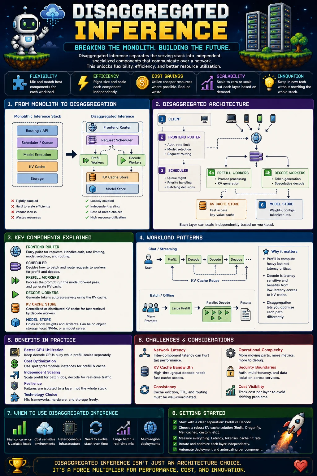 Disaggregated inference in 2026 — infographic comparing the monolithic inference stack (routing, scheduler, model execution, KV cache, storage all coupled) with a disaggregated architecture that splits frontend router, request scheduler, prefill workers, decode workers, KV cache store, and model store into independently scalable components, plus workload patterns for chat / streaming and batch / offline, key components explained, benefits in practice (GPU utilization, cost optimization, independent scaling, resilience, technology choice), challenges and considerations (network latency, KV cache bandwidth, consistency, operational complexity, security boundaries, cost visibility), when to use disaggregation, and getting-started checklist.